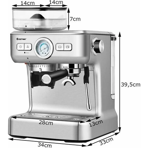 COSTWAY Cafetera Con Molinillo Espumador De Leche Cafetera Con Control De Temperatura PID, Tanque De Agua De 2L, Acero Inoxidable - Imagen 3