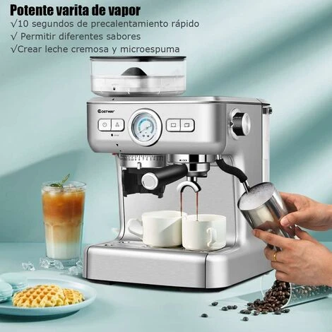 COSTWAY Cafetera Con Molinillo Espumador De Leche Cafetera Con Control De Temperatura PID, Tanque De Agua De 2L, Acero Inoxidable - Imagen 4