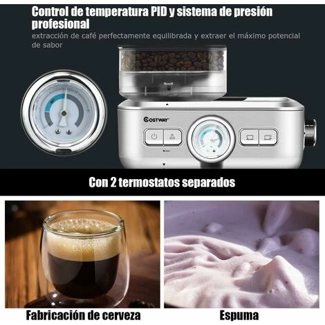 COSTWAY Cafetera Con Molinillo Espumador De Leche Cafetera Con Control De Temperatura PID, Tanque De Agua De 2L, Acero Inoxidable - Imagen 5