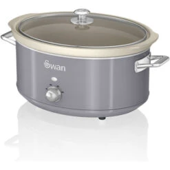 SWAN SF17031GRN Retro Olla Cocción Lenta, 6,5L, Recipiente Extraíble Antiadherente Cerámica Libre PFOA, Vintage 320W Gris