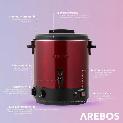 AREBOS 1800W Conservas Máquina 28L Dispensador De Vino Caliente Bebidas Caliente - Imagen 3