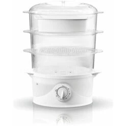 Adler AD633 Vaporera Eléctrica, 3 Recipientes + Recipiente Arroz, Temporizador 60 M, Nivel Agua, Sin BPA 800W Blanco