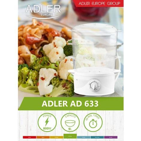 Adler AD633 Vaporera Eléctrica, 3 Recipientes + Recipiente Arroz, Temporizador 60 M, Nivel Agua, Sin BPA 800W Blanco - Imagen 5
