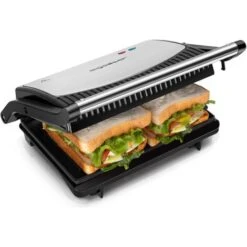 Aigostar York 30RUM - Parrilla Eléctrica, 800W, Apertura 180º, Placas Antiadherentes 23 X 14,3 Cm, Dos Superficies De Cocinado, Panini Press Libre De BPA, Asa De Toque Frío.