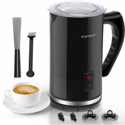 Aigostar Capu - Espumador De Leche Eléctrico 500W, 3 Modos Espuma Leche Caliente/Fría Para Café, Latte, Cappuccino, Chocolate, 115ml/240ml, Recubrimiento Antiadherente, Silencioso, Negro