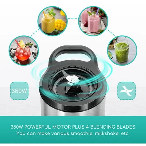 Licuadoras Para Zumos Y Batidos Con Jarra 1 Litro, Botella 600ml, Batidora Portatil 350W, Batidora Smoothie Para Frutas, Verduras Y Milkshake, Acero Inoxidable, Sin De BPA - Aigostar Baron - Imagen 3