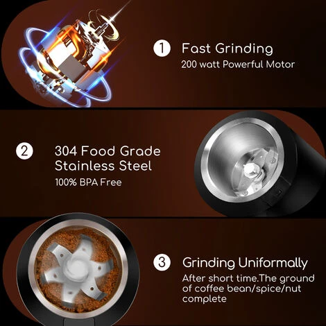 Aigostar Molinillo De Café Eléctrico, Con Cuchilla De Acero Inoxidable, Semillas Especias Frutos Secos Molinos De Cuchillas De 200W Potencia, Capacidad 60gr Con Cepillo Para Limpieza, Libre De BPA - Imagen 3