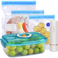 Aigostar Fresh - Pack 3 Productos: Mini Bomba De Vacío Portátil, Bolsas Y Recipientes Para Envasar Al Vacío, Envasadora Al Vacío Recargable Por USB, Conserva La Comida Durante Días