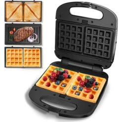 Aigostar Wafer - Sandwichera 3 En 1, 800W, Placas Intercambiables Antiadherentes. Gofrera De Llenado Profundo, Grill Y Sandwichera. Almacenamiento Vertical, Indicador Luminoso. Libre De BPA