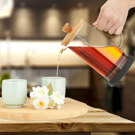 Relaxdays Prensa Francesa, Tetera Manual, Colador, 600 Ml, Jarra Cristal Tapa Bambú, Preparador Té, Transparente/Natural - Imagen 5