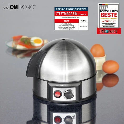 Clatronic EK 3321 Cuece Huevos Eléctrico, 7 Huevos Cocidos, Ajuste Eléctronico Cocción, Soporte Extraíble 400W Negro/Plata - Imagen 3