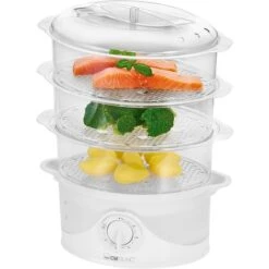 Clatronic DG 3635 Vaporera Eléctrica, 3 Recipientes + Recipiente Arroz, Temporizador 60 M, Indicador Nivel Agua 800W Blanco