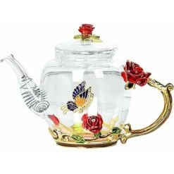 Tetera De Vidrio - 280ml - Francia Esmalte Rosa Flor Mariposa Decoración Tetera De Vidrio Resistente Al Calor Con Colador Para Té De Flores Té Suelto (Rojo, Tetera Individual)